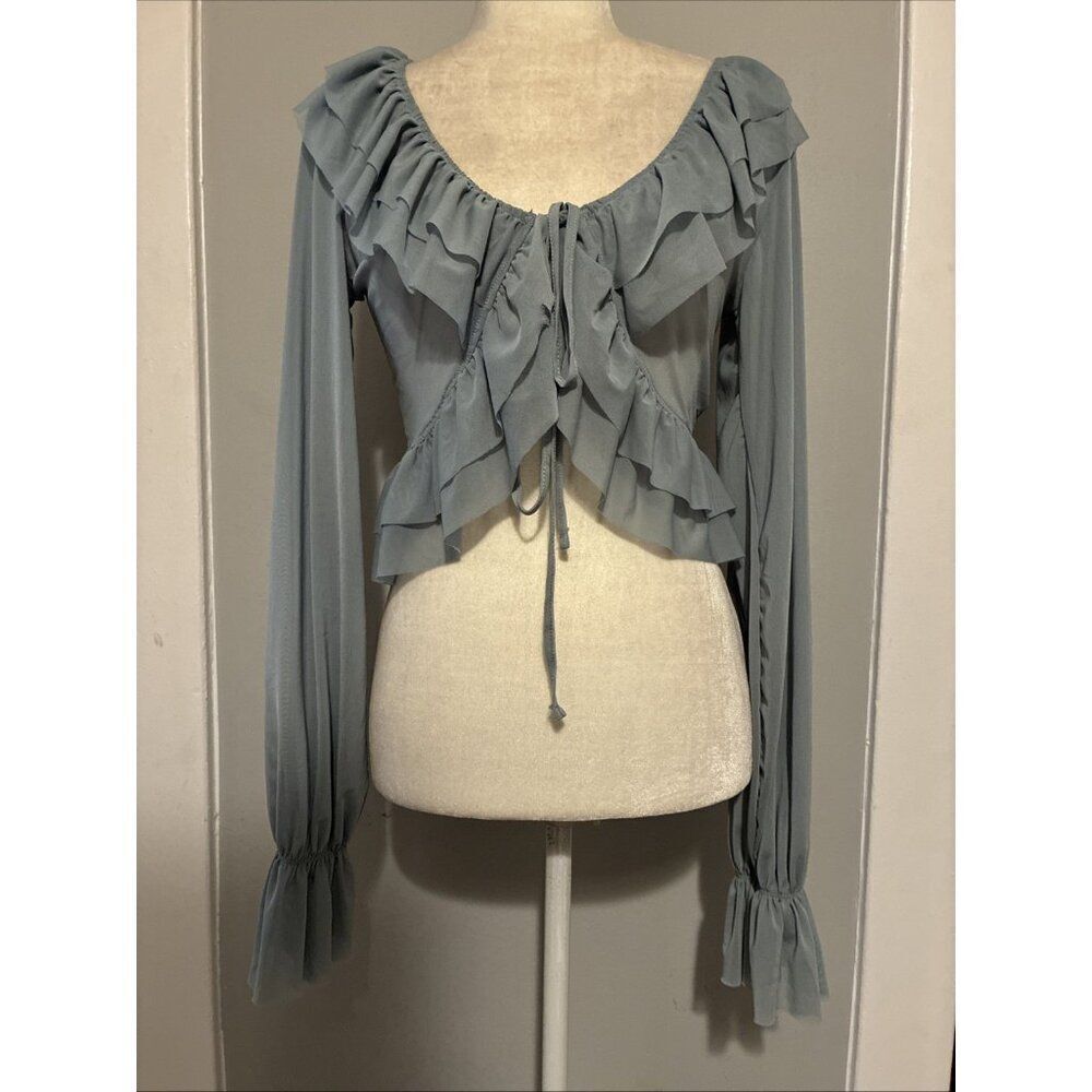 divided hm blue gray v neck crop Sheer Bohemian long sleeve top Xs